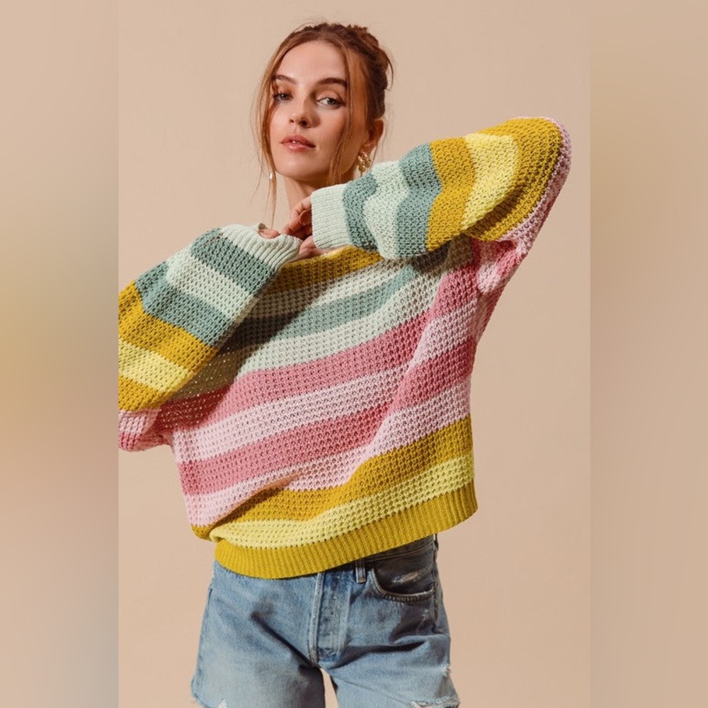 SO ME Multi Color Stripe Open Weave Light Sweater